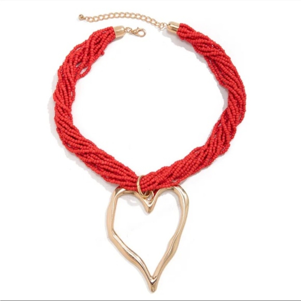 NEW Hammered Heart Red Beaded Statement Necklace